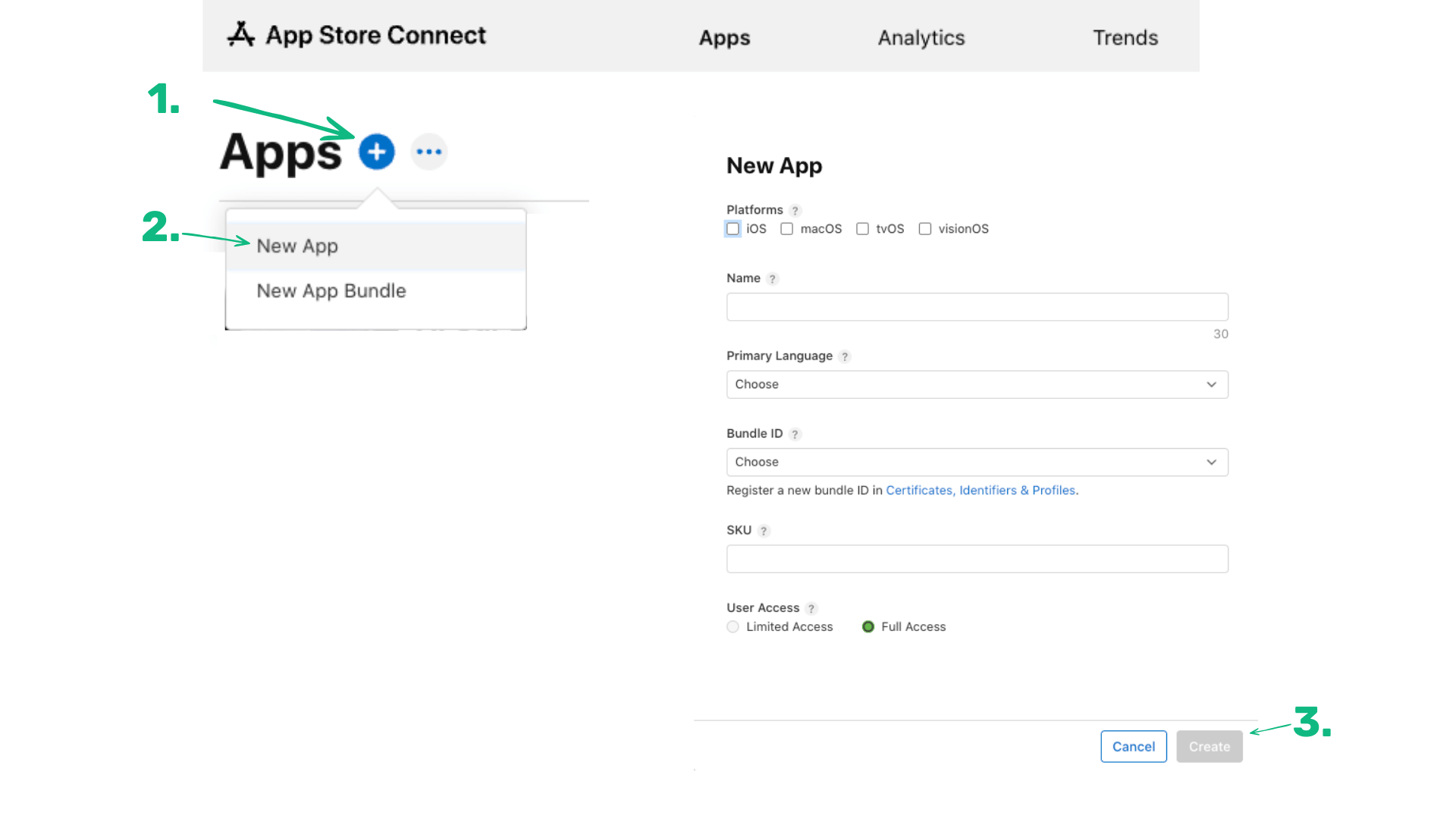 App Store Connect > My Apps > Create New App