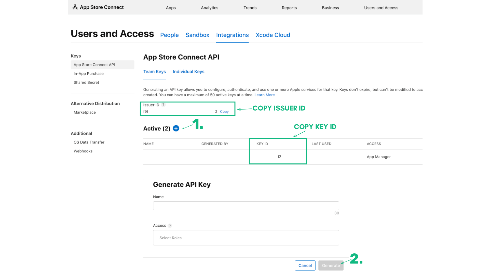 App Store Connect > Users and Access > Integrations > API Keys